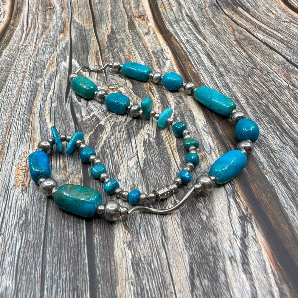 Turquoise & Silver Tone Blue Mixed Bead Necklace Southwestern Statement Gift